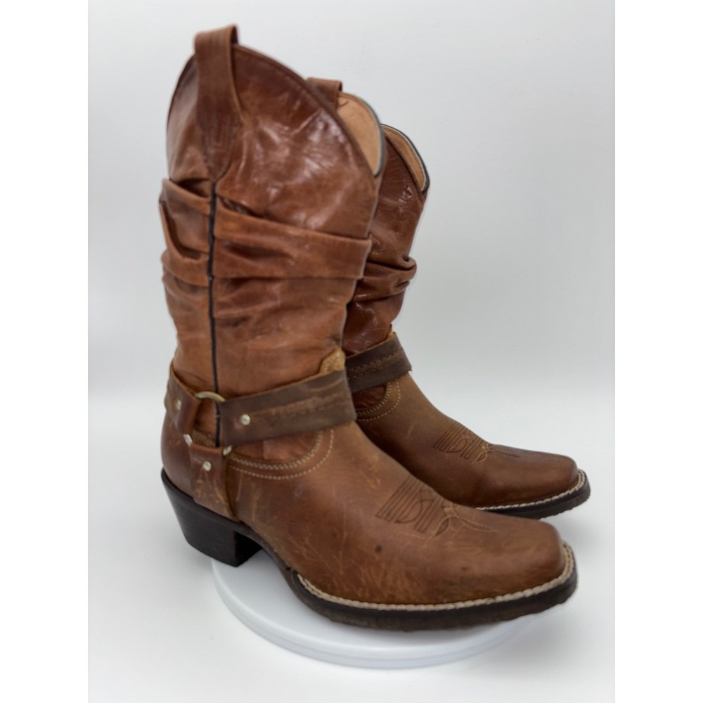 CABALLO‎ DORADO Women's Cowboy Boot Western Leather Ruched Brown Square Buckle 6